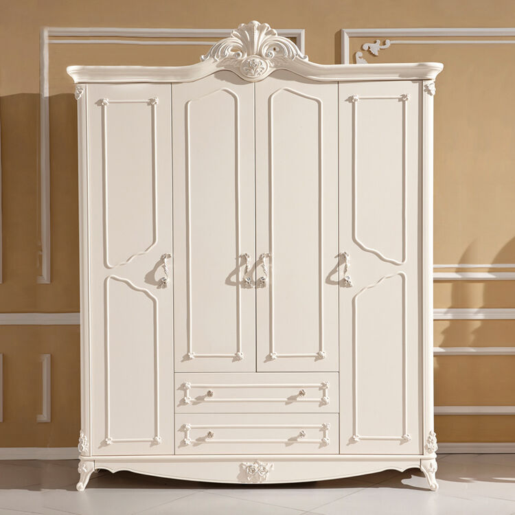 金海马 欧式奢华雕花四门衣柜组合 法式平拉门实木衣柜 f302 荷花白色