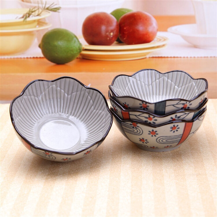 山田烧 4.5寸日式手绘绘景莲花碗4只装