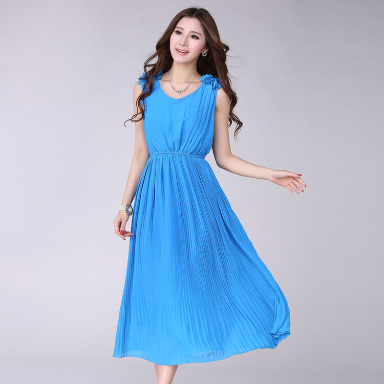 新款波西米亚甜美雪纺沙滩长裙连衣裙约会度假裙子长裙飘逸浅蓝色l