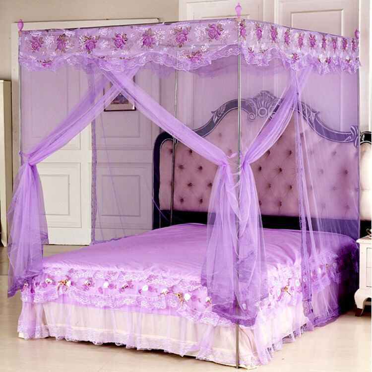 上用品三开门不锈钢欧式宫廷方顶落地七彩蕾丝花边女生公主蚊帐 紫色