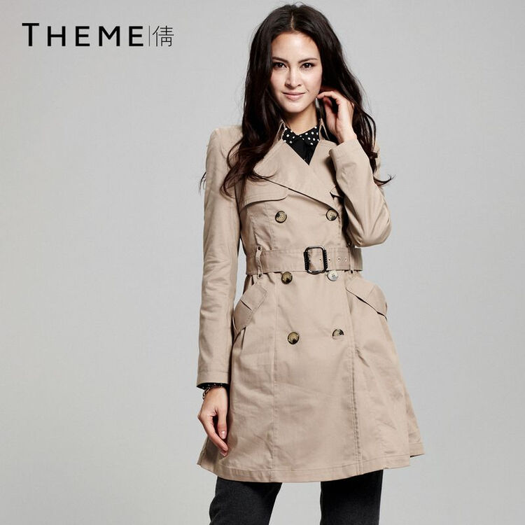 theme 2014春款女双排扣系腰带时尚风衣修身中长款外套 43褐色 xs