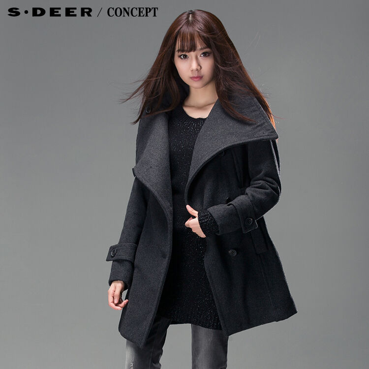 圣迪奥 sdeer 2013冬装新款女欧美风立领羊毛大衣3481867 德国灰/87 l