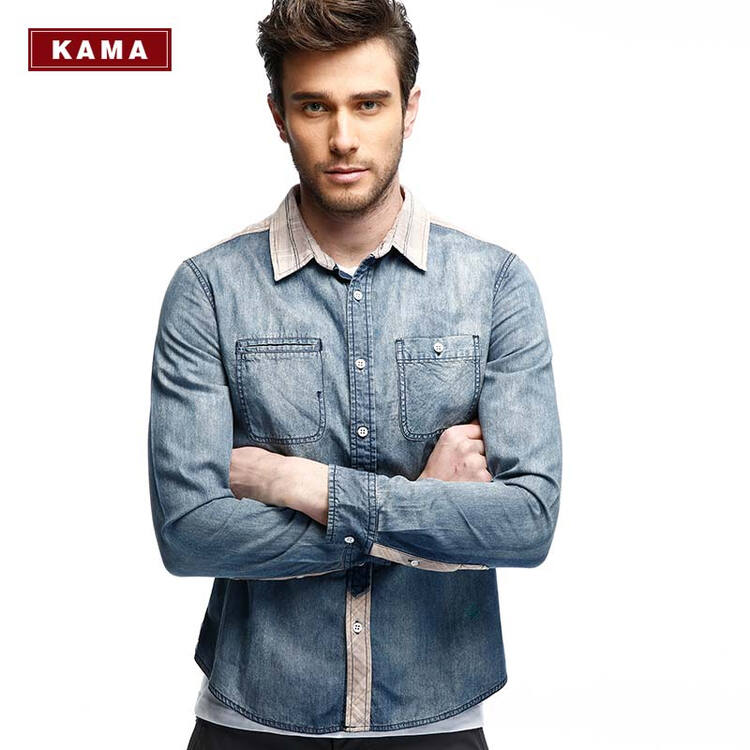 kama 卡玛 春季新款男装 时尚水洗修身牛仔衬衫 2114830 洗旧蓝色 s