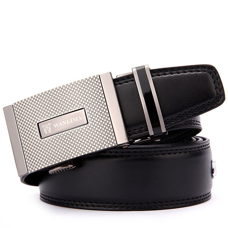 万里马wanlima 时尚休闲自动扣牛皮真皮男皮带32633300065黑枪色