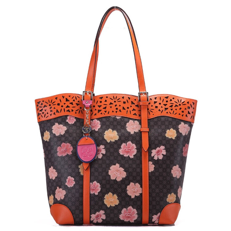 千百惠女士单肩包复古印花镂空纹图案轻熟女手提包0311786深啡色