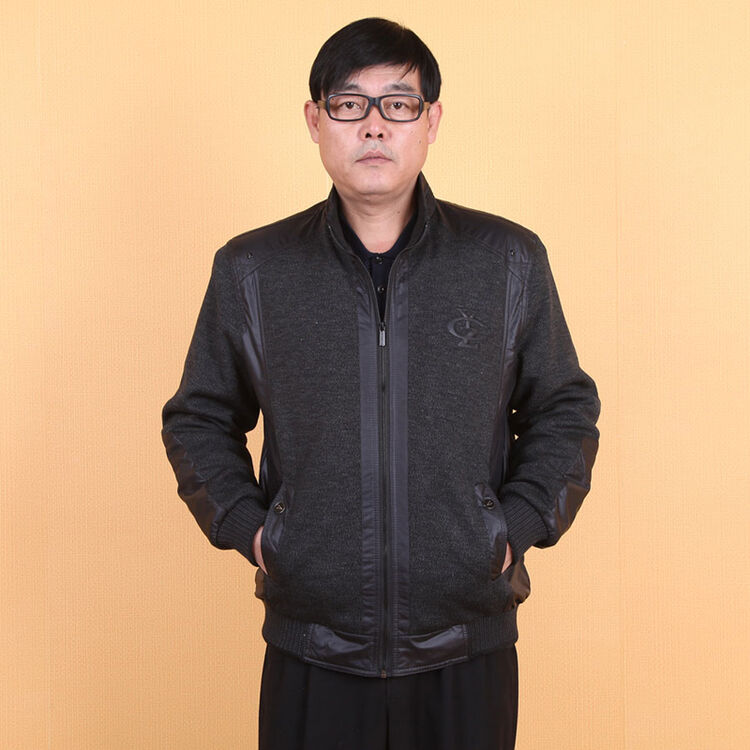 依枭促销爸爸装中老年男人服装老头夹克毛呢外套棉袄棉服外衣服深灰色