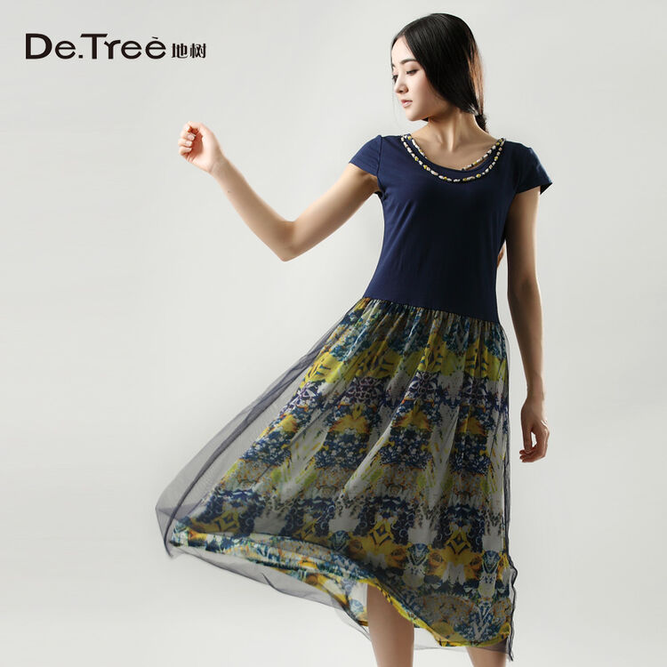 detree地树新款女装夏装印花雪纺纱网拼接项链装饰连衣裙2421211 深