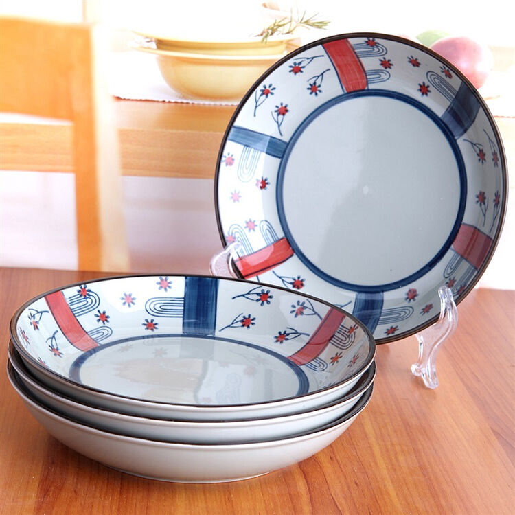 山田烧陶瓷盘子陶瓷汤盘7英寸釉下彩日式手绘深饭盘4只装绘景