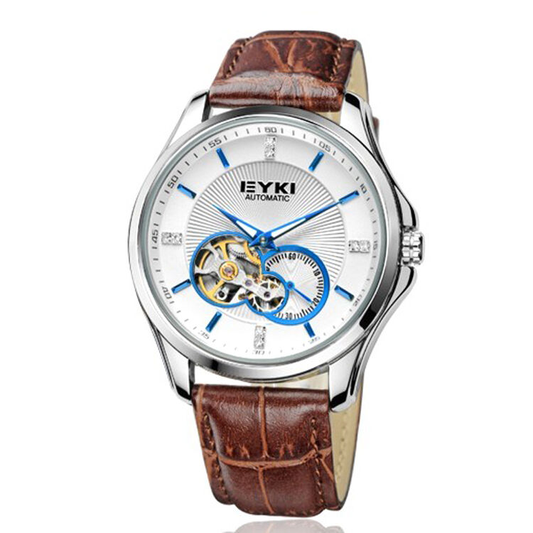 艾奇(eyki)男士手表镂空全自动机械表 商务休闲皮带复古男表 棕带蓝面