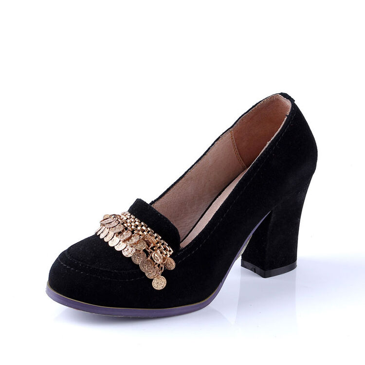 ferto/菲尔图专柜正品女鞋真皮羊皮绒面金属亮片粗跟高跟鞋单鞋 黑色