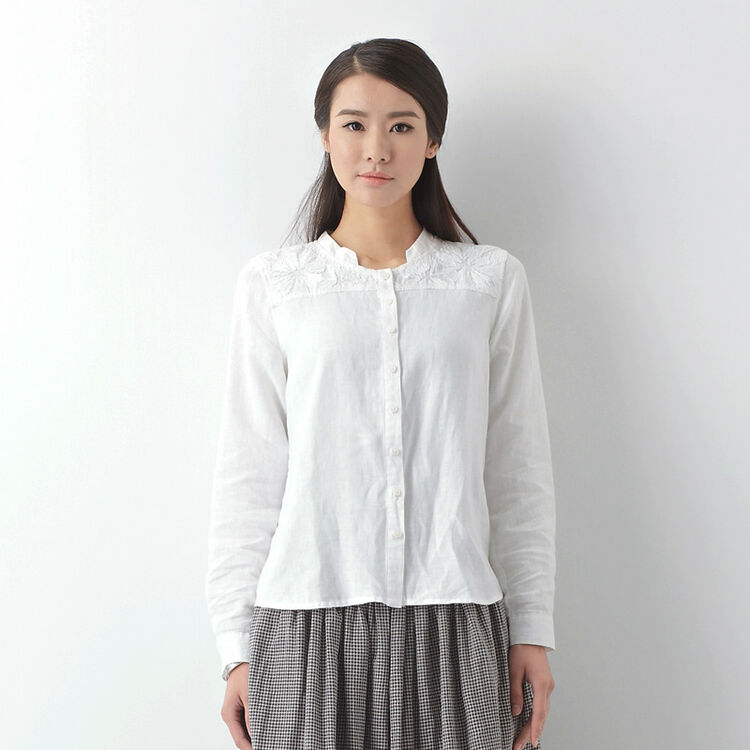 亚麻绣花衬衫女长袖2014春装新款初棉女士衬衫女长袖棉麻长袖衬衫