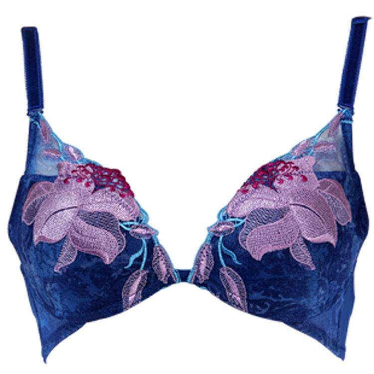 桑扶兰 刺绣花朵文胸聚拢调整型女内衣ak705 深蓝色 70b=32b