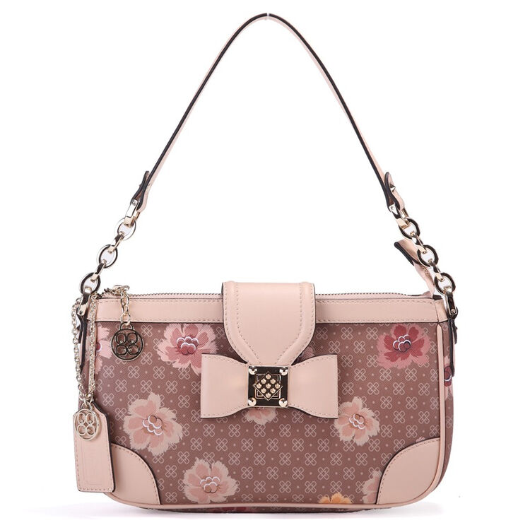千百惠 女士手提包 复古印花蝴蝶结甜美淑女单肩包 03 1182-2浅啡色