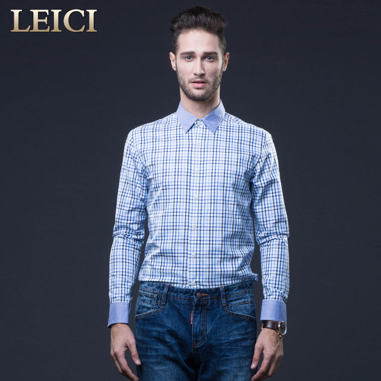 雷驰男装 春夏装 纯棉 英伦格子男士长袖衬衫 202149004 蓝色格子 165