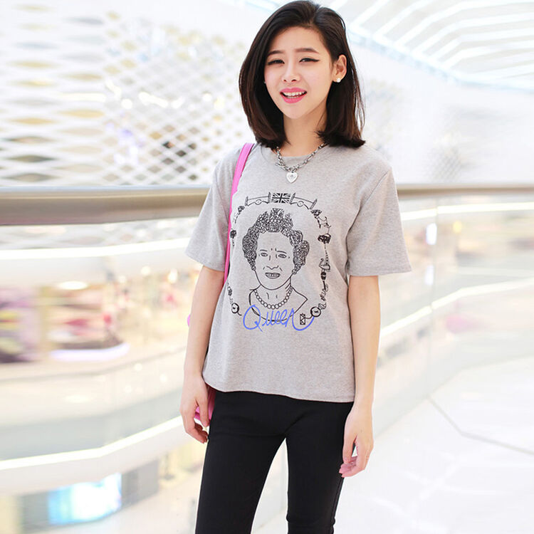 t-hill 2014春夏韩版百搭女王头像印花t恤打底短袖女 浅灰色 均码