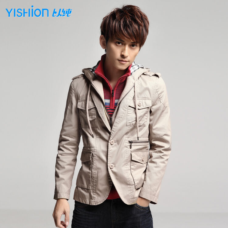 以纯yishion新款休闲男装假两件夹层洗水外套22311748 深杏 s