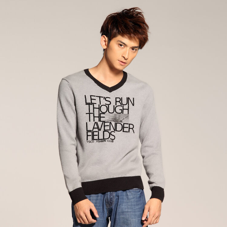 以纯yishion 男装休闲修身v领长袖线衫 2012秋装新款 11312041 花灰 s