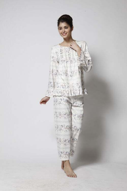 康柔秋冬新品女士长袖婉约 灰色气质纯棉小碎花 套装家居服睡衣