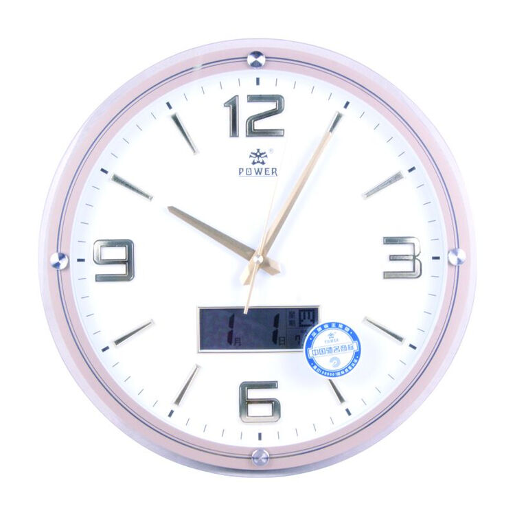 霸王power钟表 挂钟客厅创意 静音lcd双显示0577 金色