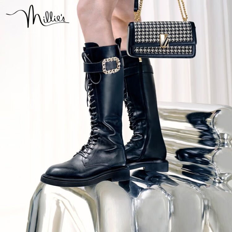 妙丽（Millies）冬新款方糖钻扣马丁靴骑士靴显瘦高筒女长靴子H6136DG2 