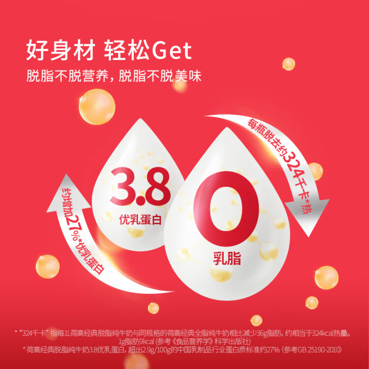 荷高（Globemilk）荷蘭原裝進(jìn)口 3.8g優(yōu)乳蛋白脫脂純牛奶 1L*6 年貨送禮 高鈣0脂肪 菜管家商品