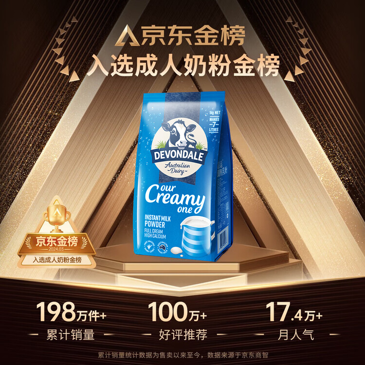 德运（Devondale）全脂成人奶粉1kg袋装调制乳粉儿童学生奶粉高钙澳洲原装进口早餐 菜管家商品