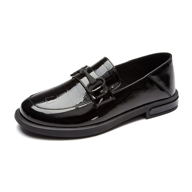 法国montagut梦特娇女鞋新款英伦风休闲平底乐福鞋复古圆头漆皮单鞋女