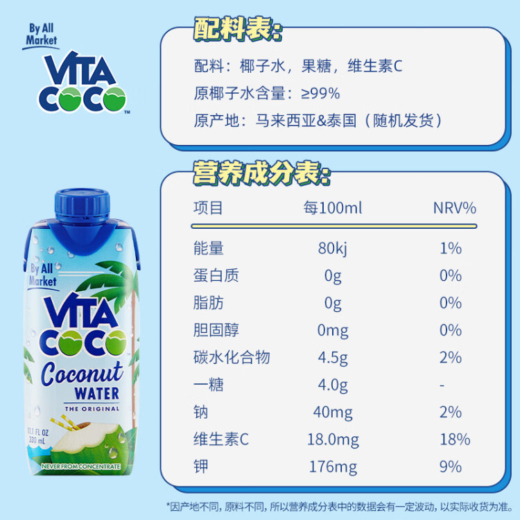 唯他可可（Vita Coco）椰子水椰汁饮料年货 低糖低卡富含电解质 原装进口果汁330ml*12瓶 菜管家商品 商品图