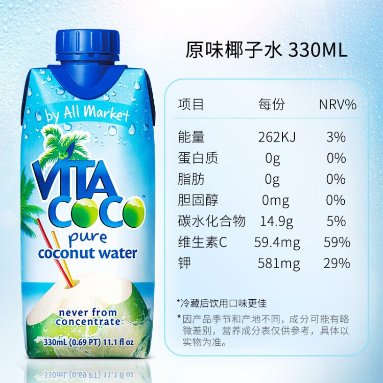 唯他可可（Vita Coco）椰子水椰汁饮料年货 低糖低卡富含电解质 原装进口果汁330ml*12瓶 菜管家商品 商品图