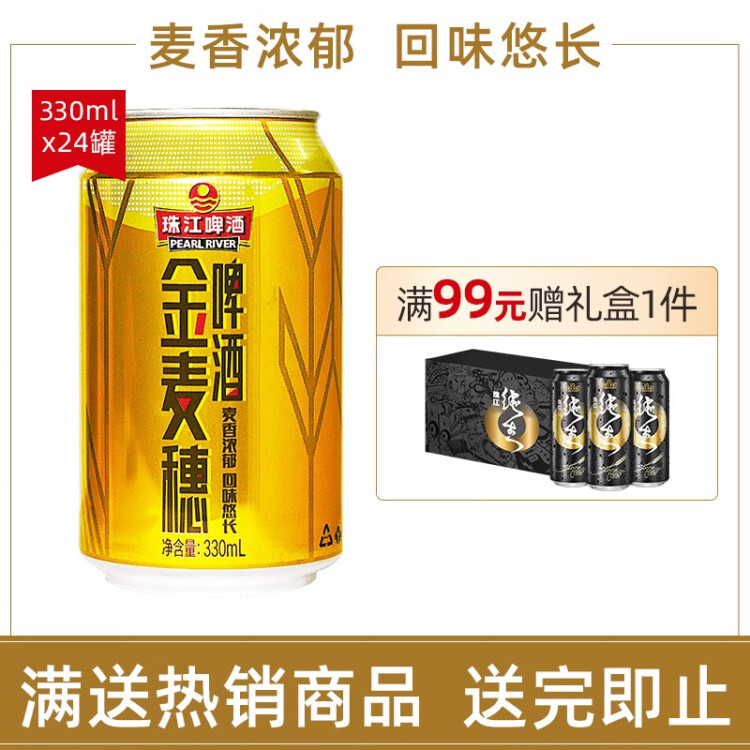 珠江啤酒（PEARL RIVER）10度 珠江金麦穗啤酒 330ml*24听 整箱装 年货送礼 光明服务菜管家商品