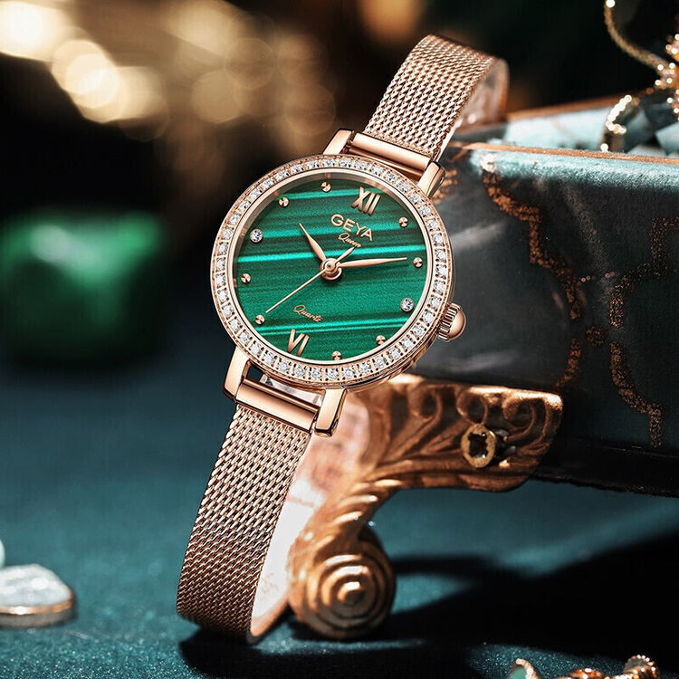 格雅(geya)手表女ins风孔雀石小绿表简约时尚镶钻石英女表女士防水