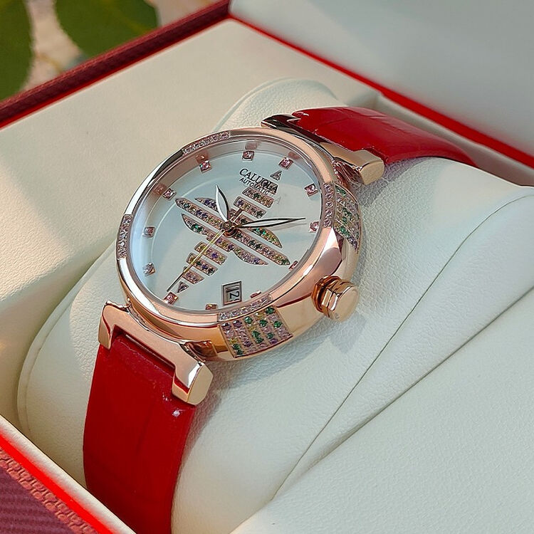 卡罗莱(caluola)女表全自动机械表时尚女士手表四叶草镶钻防水真皮带