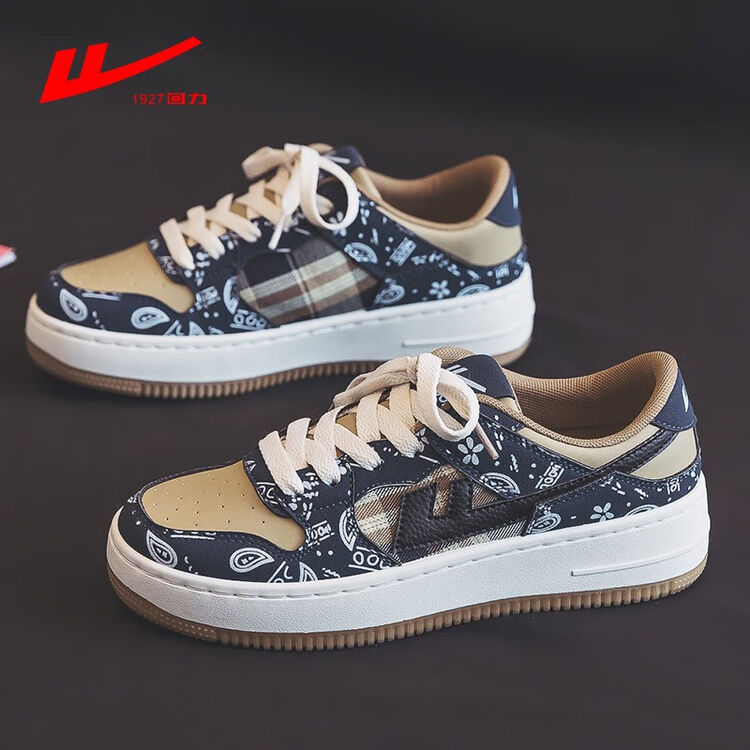 回力女鞋小白鞋女夏季新款休闲皮面女鞋运动皮板鞋女卡其40