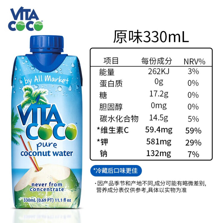 唯他可可（Vita Coco）椰子水 330ml*4瓶 整箱 进口饮料 NFC 天然原味椰子水 椰汁饮料 光明服务菜管家商品 