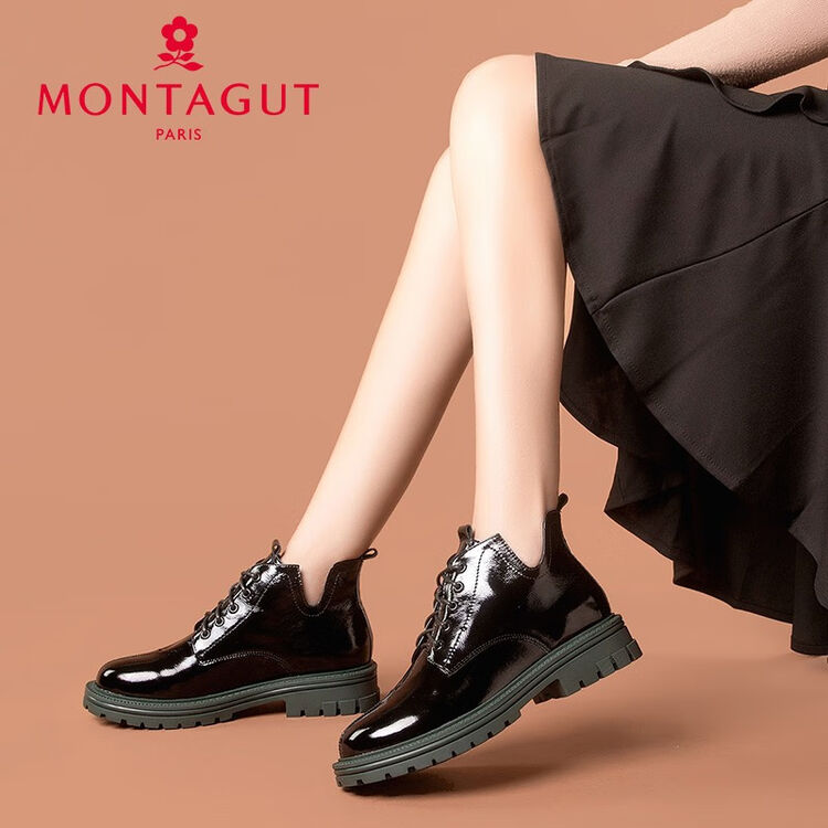 法国montagut梦特娇秋季英伦风短靴亮面圆头女鞋子低跟皮鞋绑带女时尚