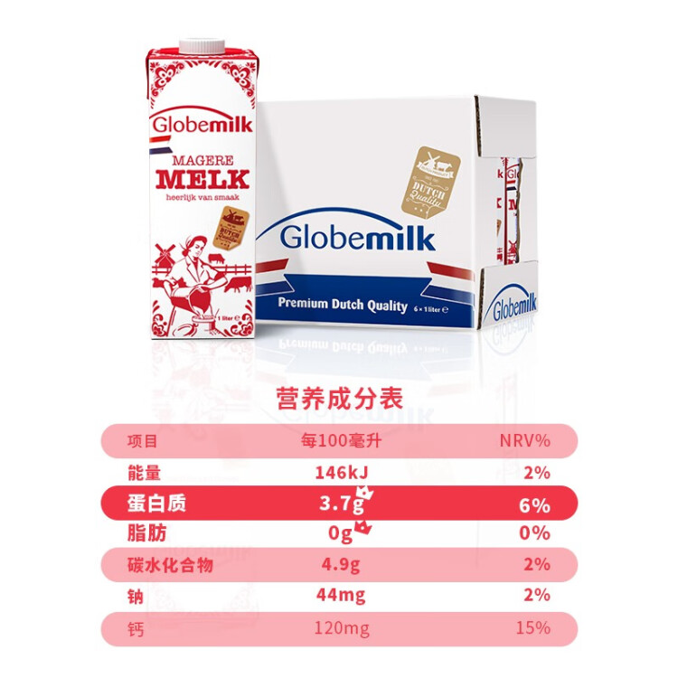 荷高（Globemilk）荷蘭原裝進(jìn)口 3.8g優(yōu)乳蛋白脫脂純牛奶 1L*6 年貨送禮 高鈣0脂肪 菜管家商品