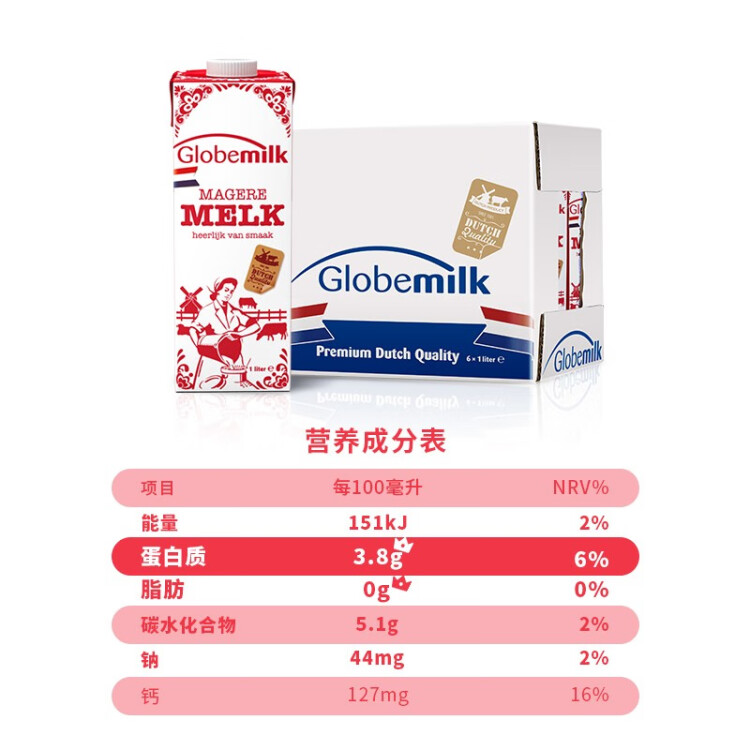 荷高（Globemilk）荷蘭原裝進(jìn)口 3.8g優(yōu)乳蛋白脫脂純牛奶 1L*6 年貨送禮 高鈣0脂肪 菜管家商品