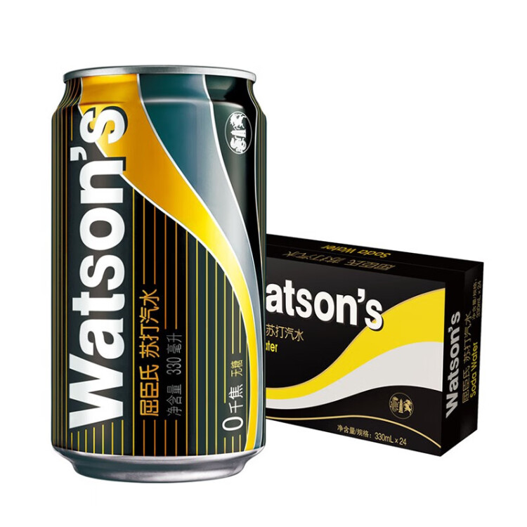 屈臣氏（Watsons）苏打汽水 经典原味黑罐 0糖0脂0卡 气泡饮料 330ml*24罐 整箱装