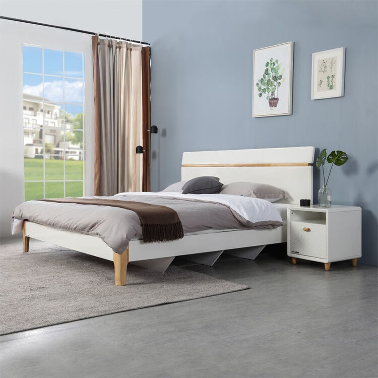 掌上明珠家居 北欧亮光烤漆床 板式实木结合双人床 1.