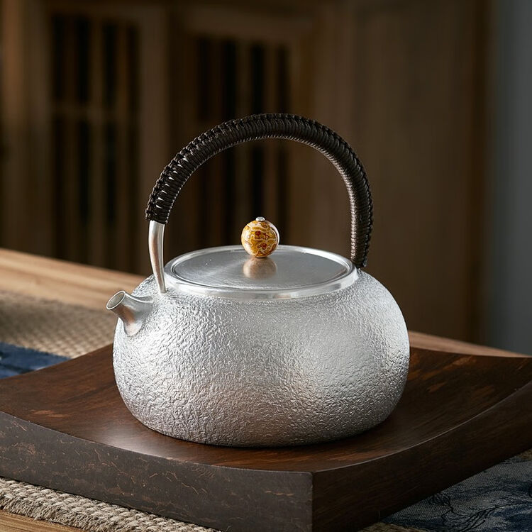 铸荣堂银壶手工纯银s999烧水壶锤纹茶壶水壶家用功夫茶具茶道朴圆烧