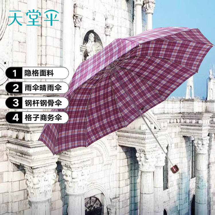 天堂伞 三折叠晴雨伞61cm*10骨大伞格子防晒太阳伞遮阳伞 359D深紫【图片 价格 品牌 评论】-京东