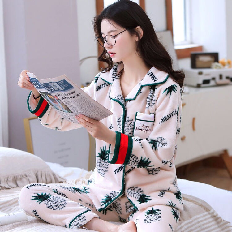 女士睡衣女长袖秋冬刺绣大码珊瑚绒韩可爱加厚法兰绒家居服春秋套装暖