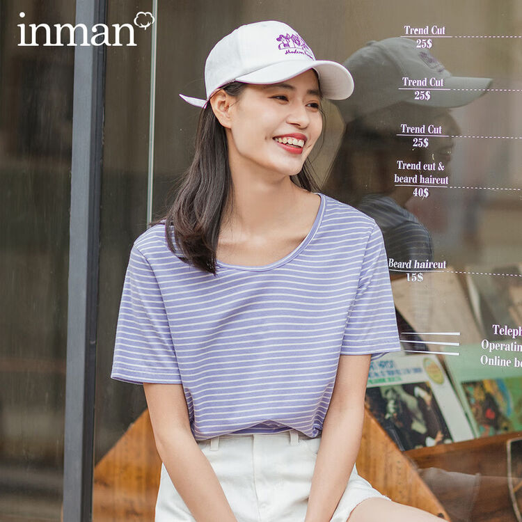 茵曼（INMAN）夏季新款圆领休闲百搭宽松遮肉少女感条纹短袖T恤女 1802113 紫白条 XS【图片 价格 品牌 评论】-京东