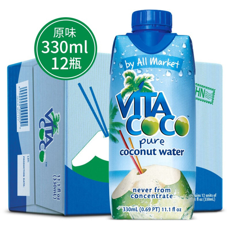 唯他可可（Vita Coco）椰子水椰汁饮料年货 低糖低卡富含电解质 原装进口果汁330ml*12瓶 菜管家商品 商品图
