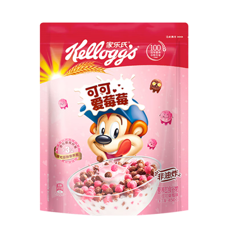 家乐氏可可爱莓莓450g/袋 儿童低脂营养早餐可可球巧克力麦片 光明服务菜管家商品 
