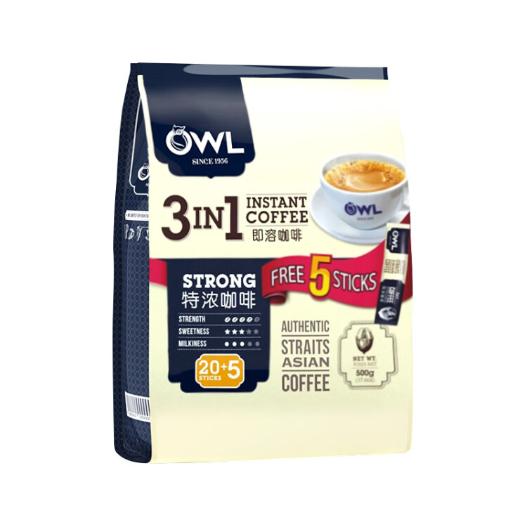 貓頭鷹（OWL）三合一特濃速溶咖啡粉500g（20g*25條)馬來西亞進口咖啡 沖調飲品 菜管家商品