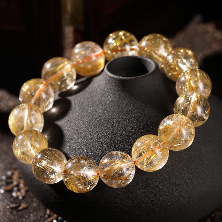 石玥珠宝 13-14mm金发晶手串水晶手链 水晶玛瑙 附鉴定证书【图片