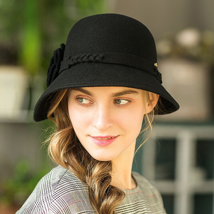 诗丹凯萨礼帽子女秋冬羊毛礼帽女士小礼帽花瓣装饰毛呢帽子黑色57cm