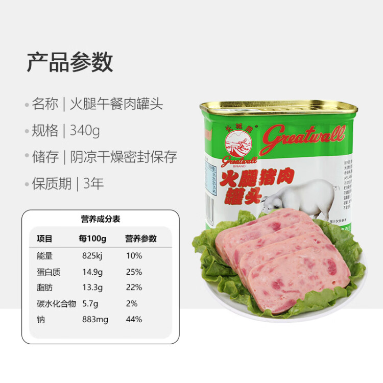 长城牌（Greatwall BRAND）小白猪优级午餐肉罐头340g即食儿童火锅烧烤食材方便面预制菜 光明服务菜管家商品