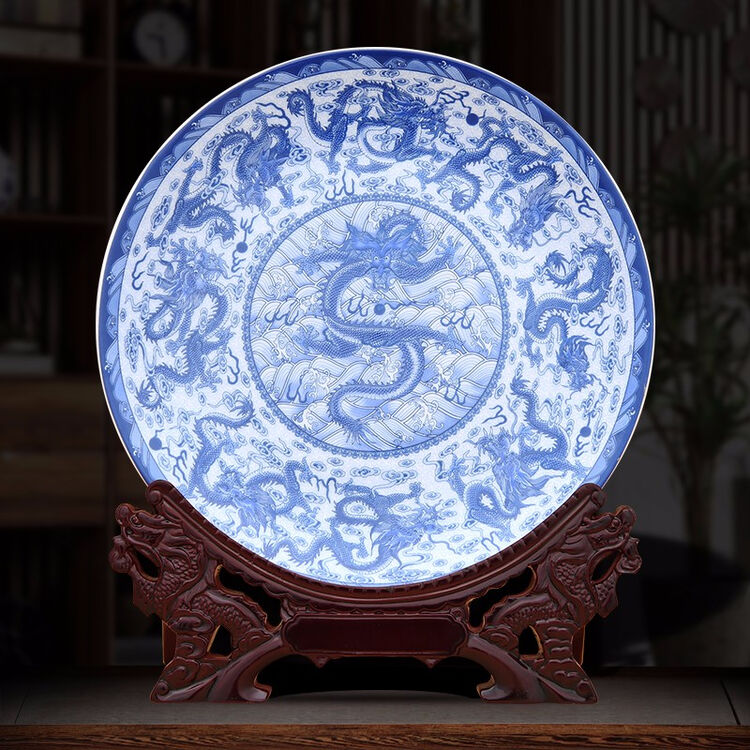 景德镇陶瓷器新中式粉彩瓷九龙图装饰盘工艺品客厅摆件家居酒柜玄关